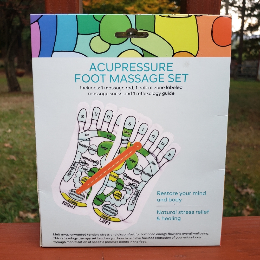 NIB Acupressure Foot Massage Set - Pair Of Socks, Massage Rod & Guide - NEW